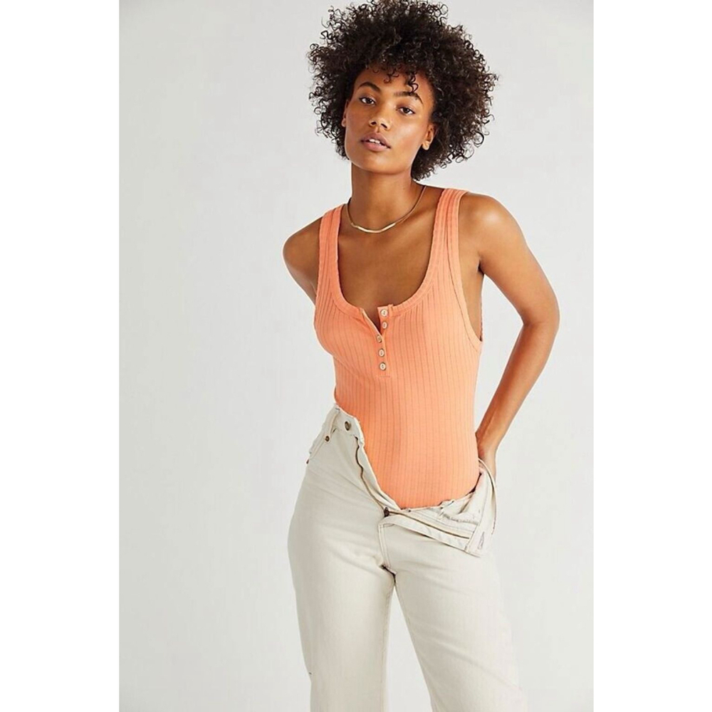 Free People Intimately Women’s Henley Rib Bodysuit Black M Orange